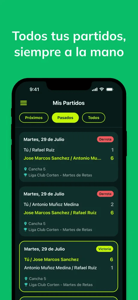 Todos tus partidos, siempre a la mano. Pantalla de Mis Partidos en We All Padel.