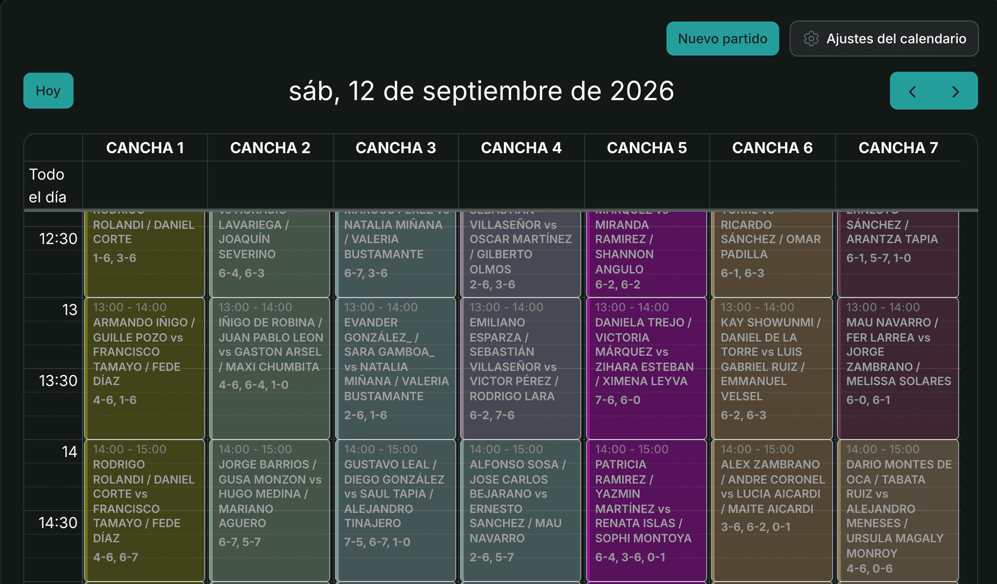 Calendario de partidos del panel de We All Padel: siete canchas y la jornada completa del Séptimo Torneo CIMEPA.